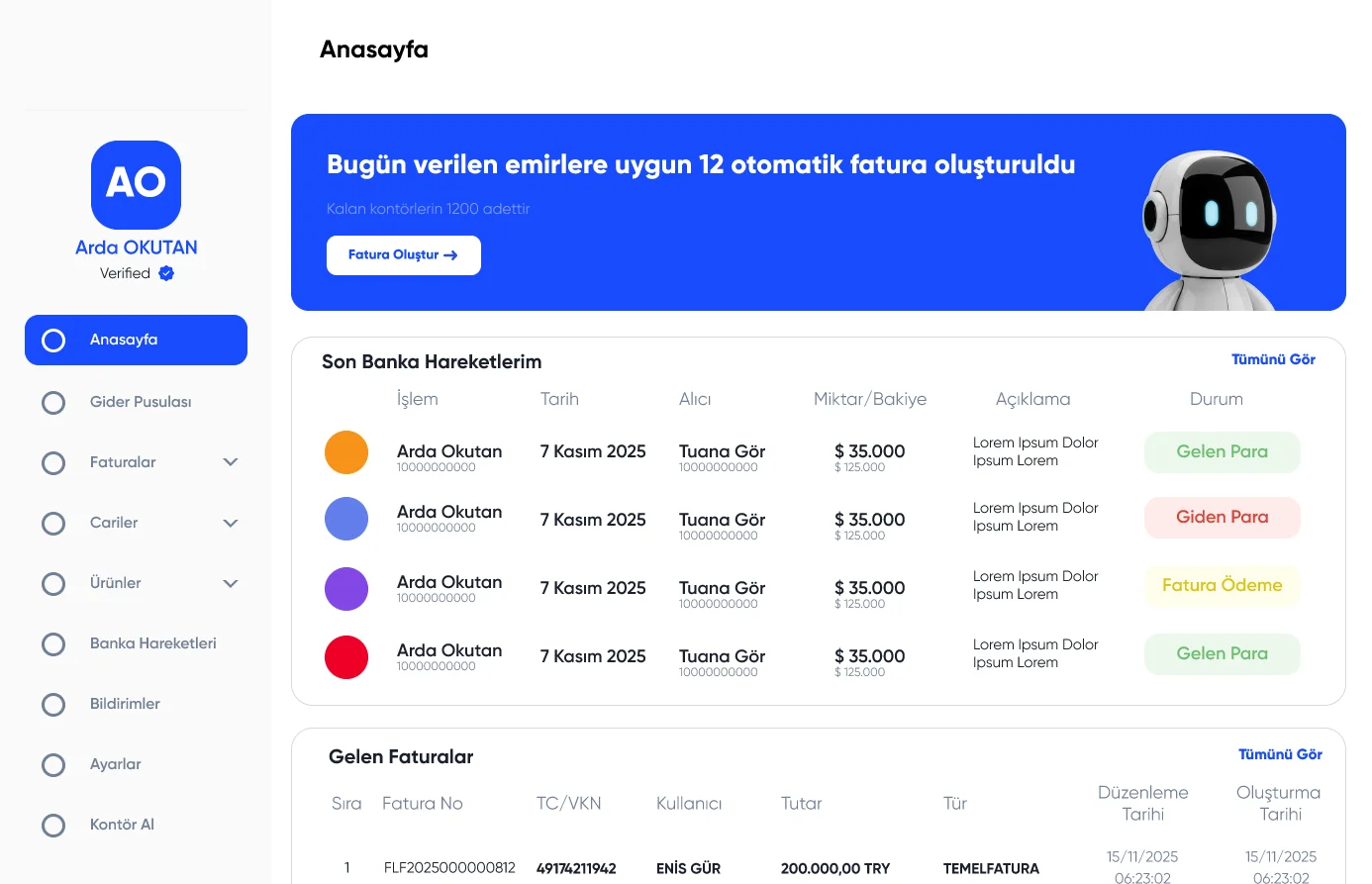 Faturalog Cari Yönetim Ekranı
